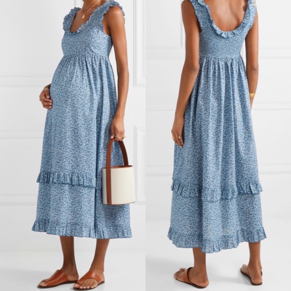 HATCH Blue Ditsy Floral Maternity Smocked Ruffle Midi Dress - 2